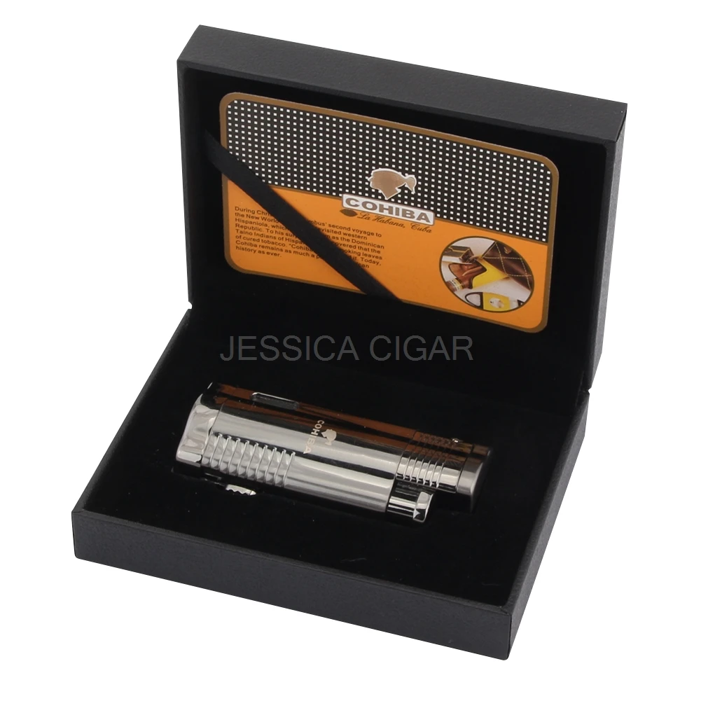 

COHIBA Mens Classic Metal 3 Blue Torch Cigar Flame Lighter Windproof Butane Jet Cigarette Lighter With Gas Window Cigar Punch