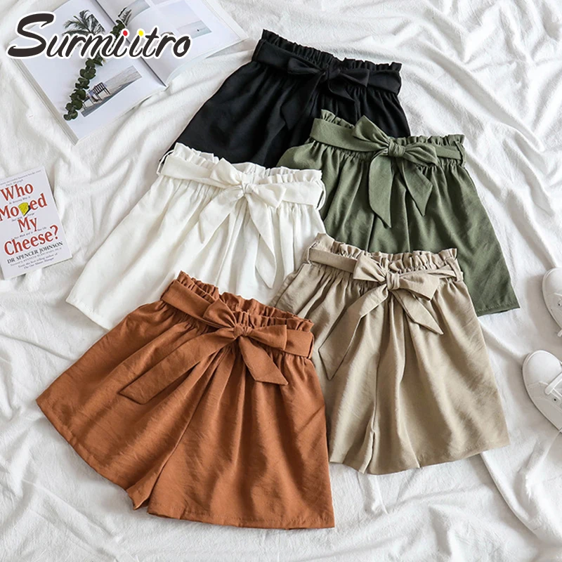 Surmiitro, корейские летние женские шорты,, модные, женские, повседневные, на шнуровке, с высокой талией, широкие, шорты для женщин с блузкой
