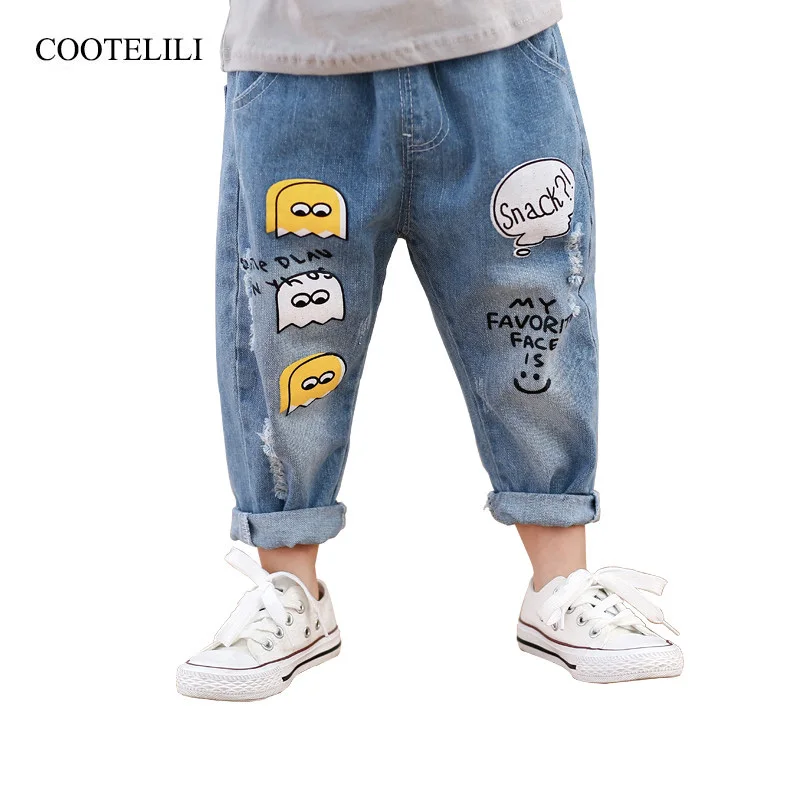 COOTELILI 80-130cm Spring Light Ripped Jeans For Kids Kawaii Cartoon Children Jeans Pants Casual Elastic Waist Trousers For Boys