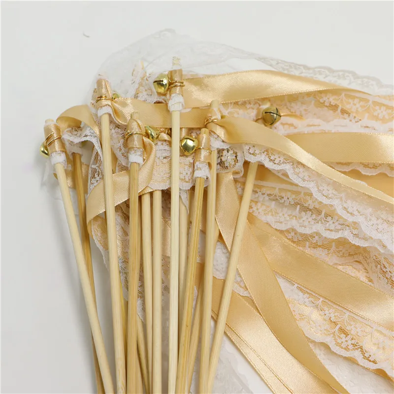 Handmade fairy stick 20Pcs/lot champage Lace ribbon Twirling Streamers Wedding Favor Sticks/Wands With Bells party | Дом и сад