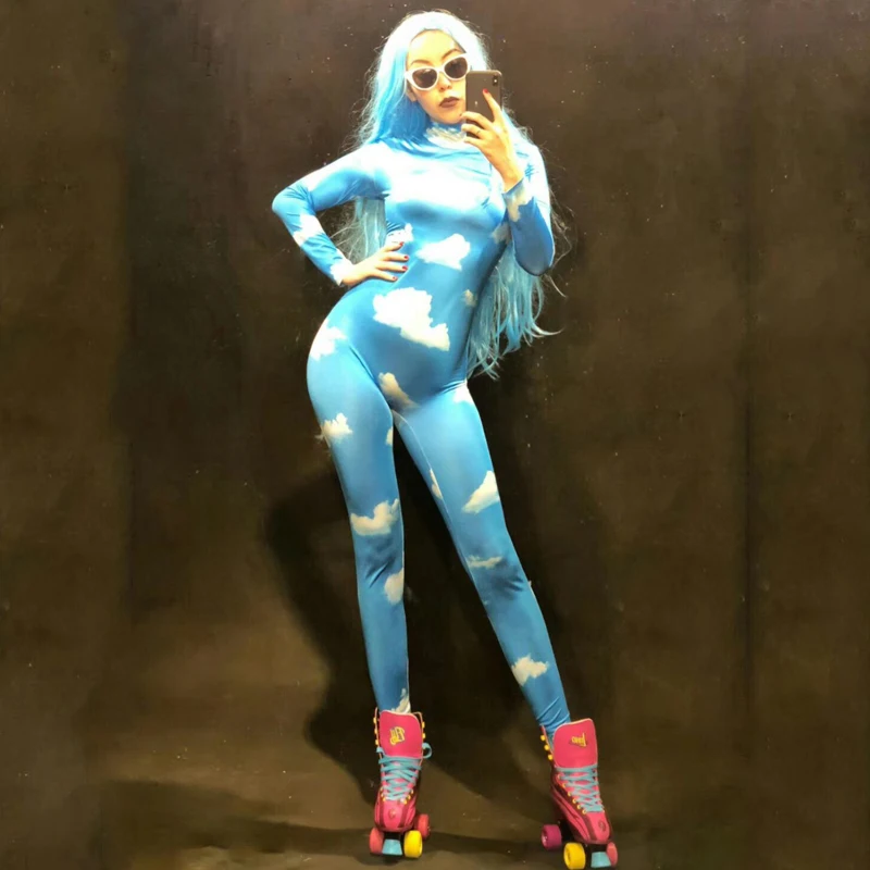 Синий Облегающий костюм с принтом Zentai боди сексуальный для леди вечерние Gogo DS Club