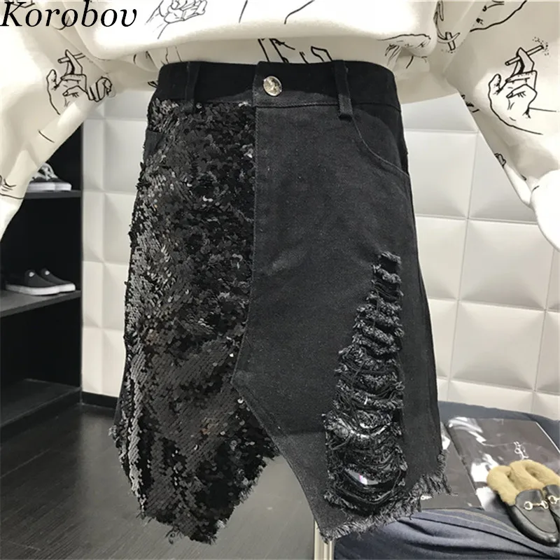 Коробова 2019 Новое поступление отверстие джинсовая юбка пикантные вечерние линии