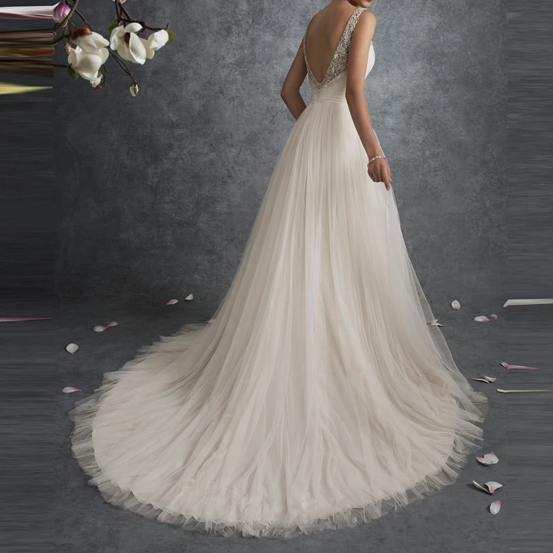 2017 Simple A-Line Wedding Dress V-Neck Sleeveless Tulle Bridal Beading Appliques Bride Gown Deep V-back | Свадьбы и торжества