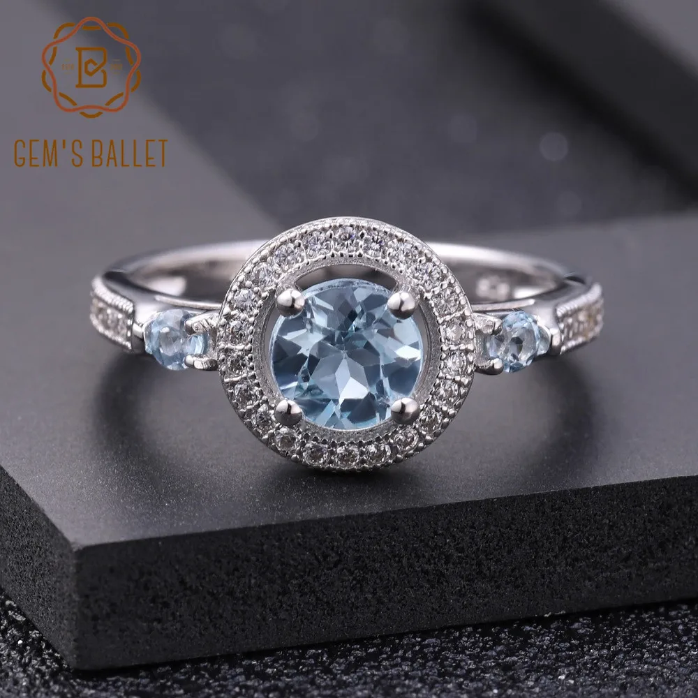 GEM'S BALLET 925 пробы серебряные обручальные кольца для женщин 1.05Ct натуральный круглый Небесно голубой топаз драгоценный камень кольцо хорошее ювелирное изделие