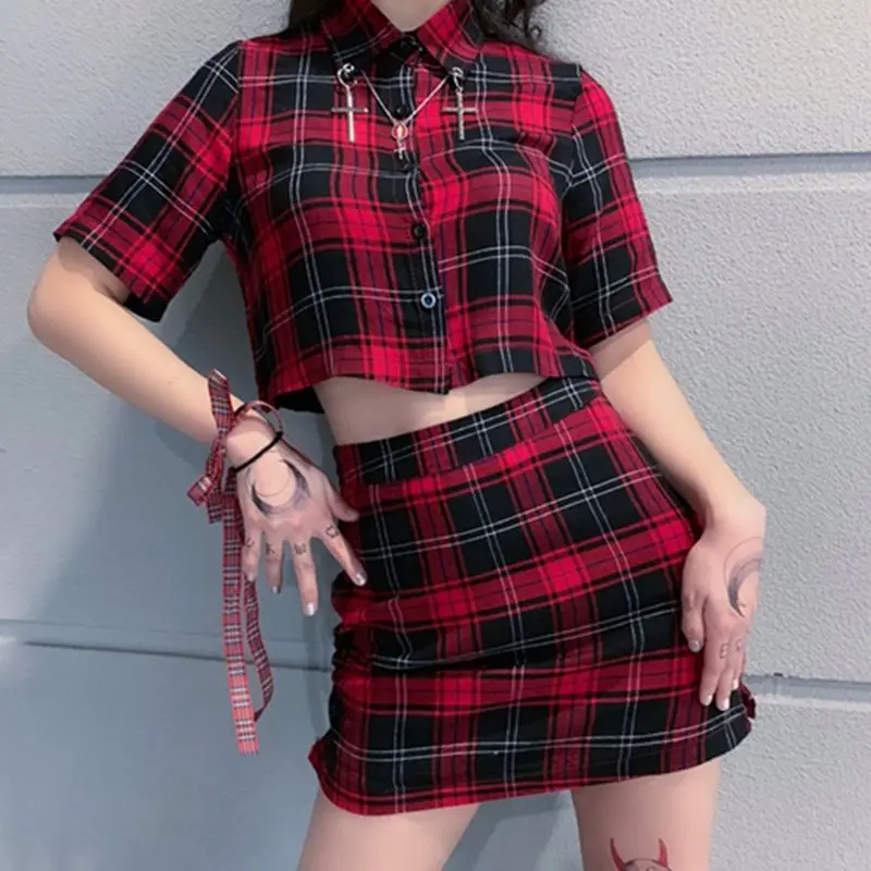 Rosetic Harajuku клетчатый комплект из 2 предметов женская уличная рубашка укороченный топ мини юбка винтажная школьная Повседневная Готическая летняя одежда