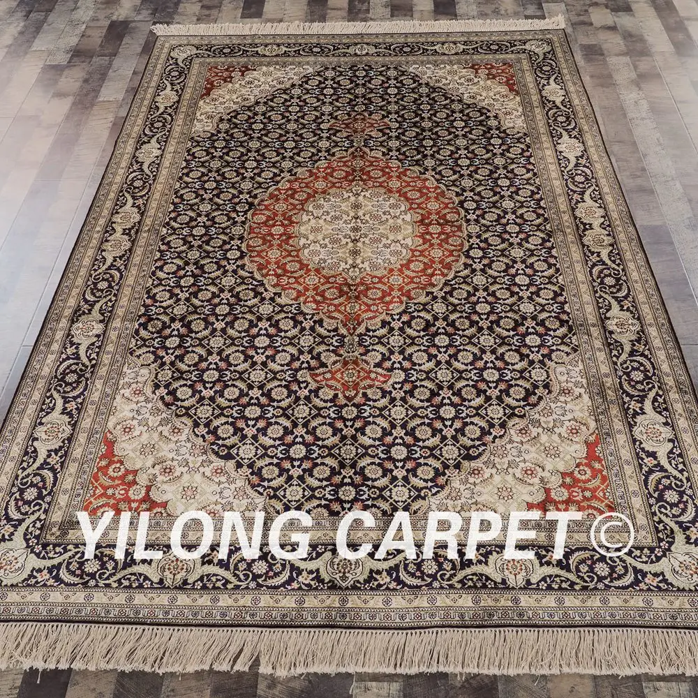 YILONG 6 'x 9' красный и темно синий восточные шелковые коврики ручной вязки