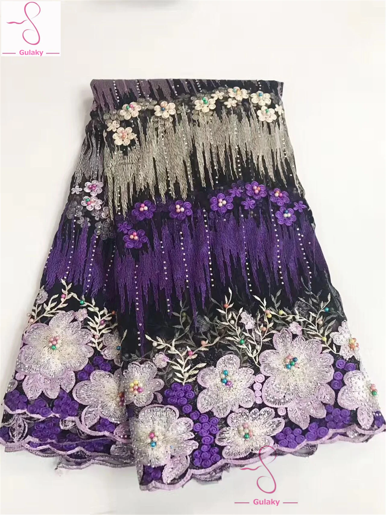 Blue Senior Party African Lace Fabric High Quality 3D with Beads Nigerian Fabrics for Bride Dress JY844 | Дом и сад