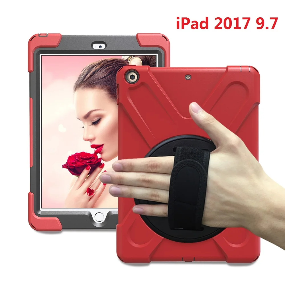 

Новый 360 Броня Coque для iPad 9,7 2017 чехол 360 Вращение ручной ремешок силиконовый ПВХ A1822 A1823 чехол для iPad 2017 9,7 детский чехол