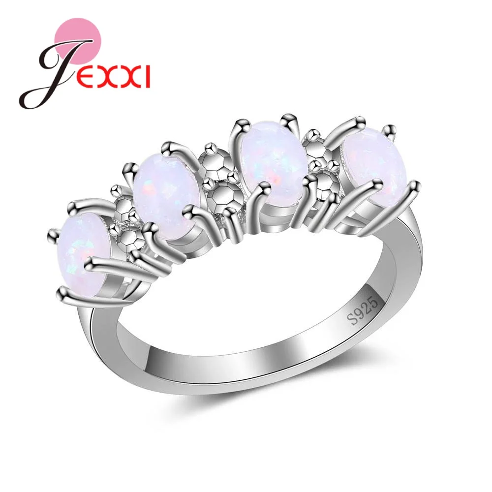 

Simple White Opal Stones Prong Setting Real 925 Sterling Silver Rings Decorations For Women Wedding Party Accessory