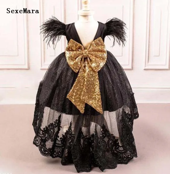 Black Hi-Low Baby Girls Birthday Party Dress with Bow Puffy Tulle Applique Sequins Kids Pageant Prom Gown Big Bow