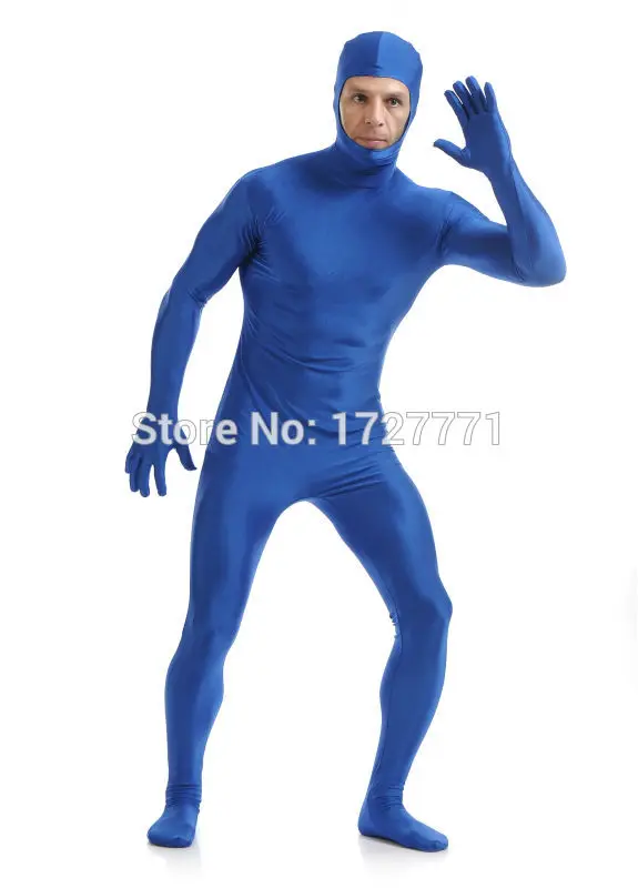 (AL118)Blue Shiny Spandex Tights Unisex original Open Face Fetish Zentai Suits Second skin Wear | Тематическая одежда и