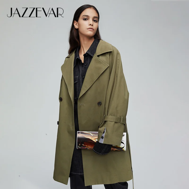 JAZZEVAR 2019 Новое поступление осенний плащ хаки пальто женское двубортное винтажное