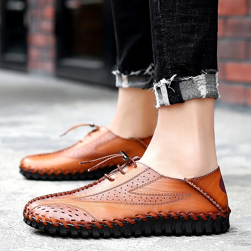 Men's Driving Shoes Men Genuine Leather Loafers Fashion Handmade Soft Breathable Moccasins Flats Slip On DD077 | Обувь