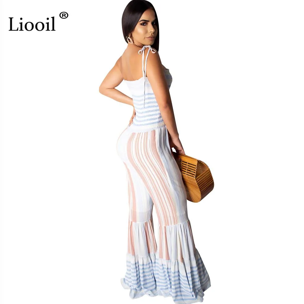 Liooil сексуальный полосатый комбинезон с расклешенными штанинами Клубная одежда для женщин комбинезон без бретелек Вечерние облегающие комбинезоны сапоги с вырезами брюки