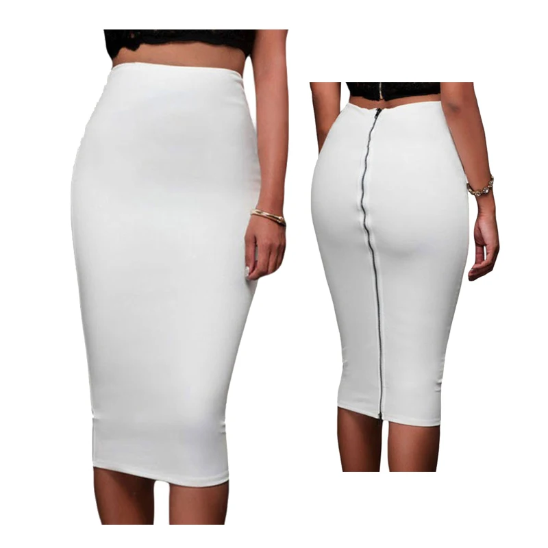Ladies Formal Skirts 2020 Slim Fitted Pencil Skirt Mid Calf High Waist Straight Women Back Zipper Office Saias 81736 | Женская одежда