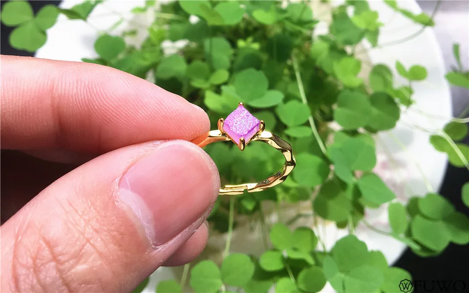 FUWO квадратное кольцо Aura Druzy с 24K золотым наполнением, минималистичный дизайн, необработанные кольца Druzy для женщин, регулируемый размер RG017