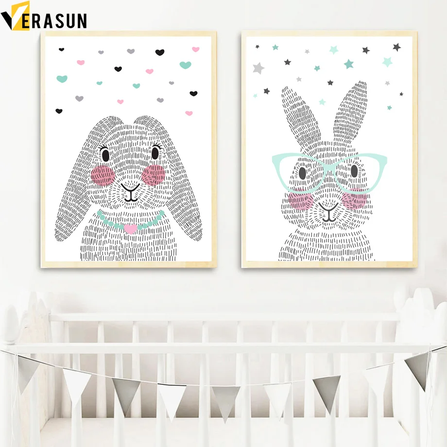 Cartoon Rabbit Nursery Wall Art Canvas Painting Nordic Posters And Prints Animals Pictures Baby Kids Room Decor | Дом и сад