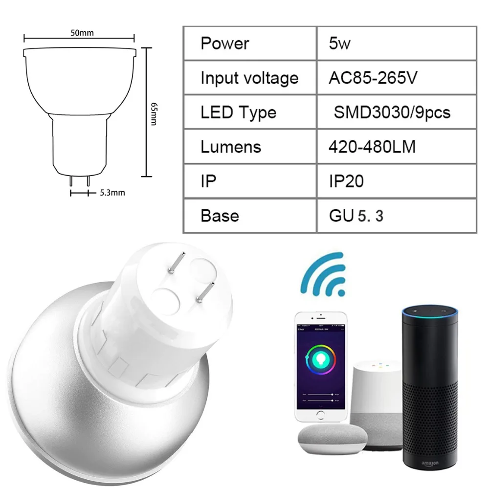 Умсветильник Светодиодная лампа Boaz-EC GU5.3 с поддержкой Wi-Fi и дистанционным