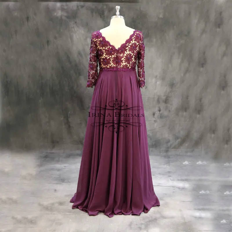 Irina Bridals Real Photos Three Quarter Sleeve Lace Pearls Chiffon Floor-length Plus Size Mother of Bride Dresses | Свадьбы и