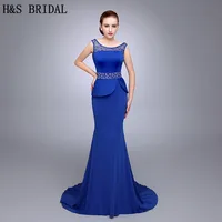 HS14 Shimmering Around Neck Beaded Work Yoke Mermaid Silhouette Floor Length With Straps Blue Long Prom Dresses
