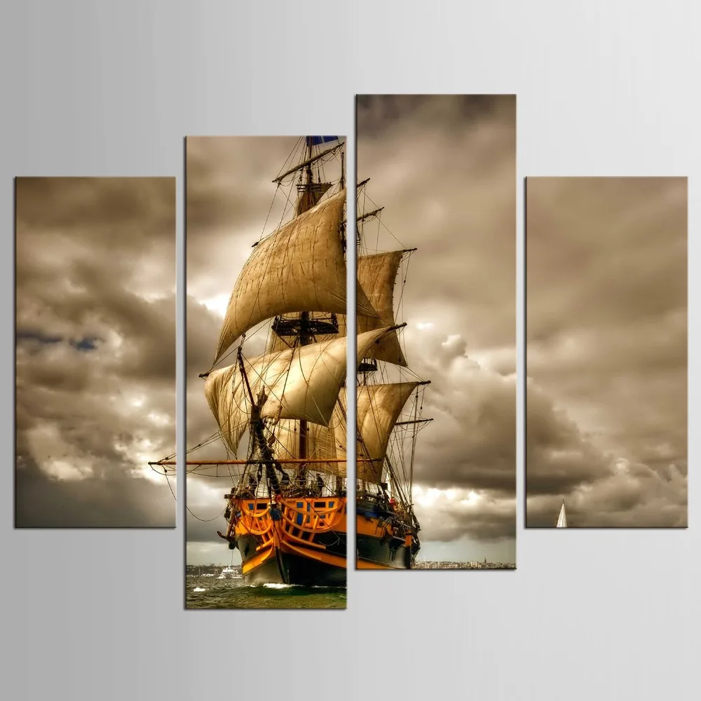 

4 piece canvas HD Printed sailboat on sea canvas Painting room decoration print posterimage canvas