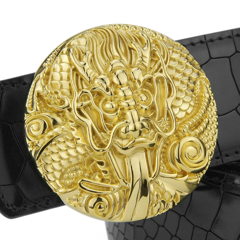 

High Quality Casual golden round buckle Copper Crocodile Grain genuine leather designer belts mens slide Black smooth button