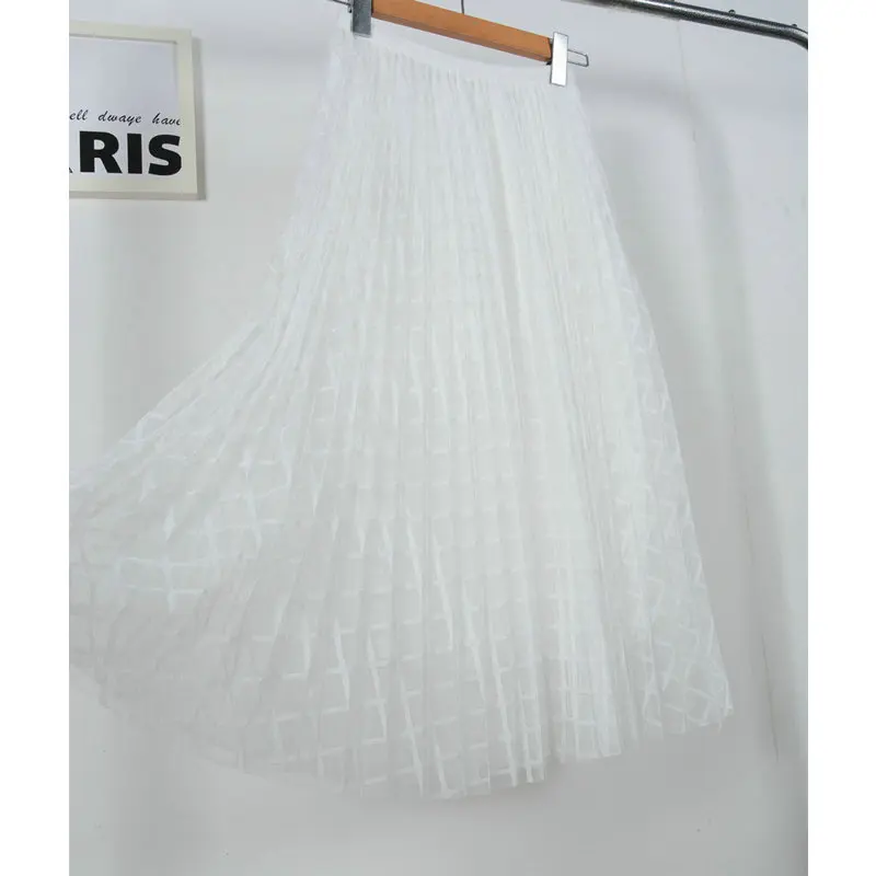 Элегантная клетчатая Тюлевая юбка Женская длинная Плиссированная Юбка-пачка на праздник А-силуэт 2 слоя миди сетка винтажная юбка женская весна лето - Цвет: white