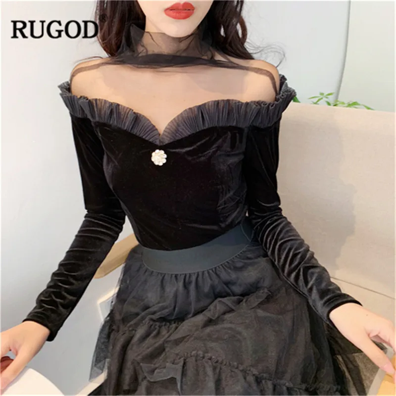 Женская блузка с высоким воротом RUGOD шифоновая однотонная кружевом Повседневная