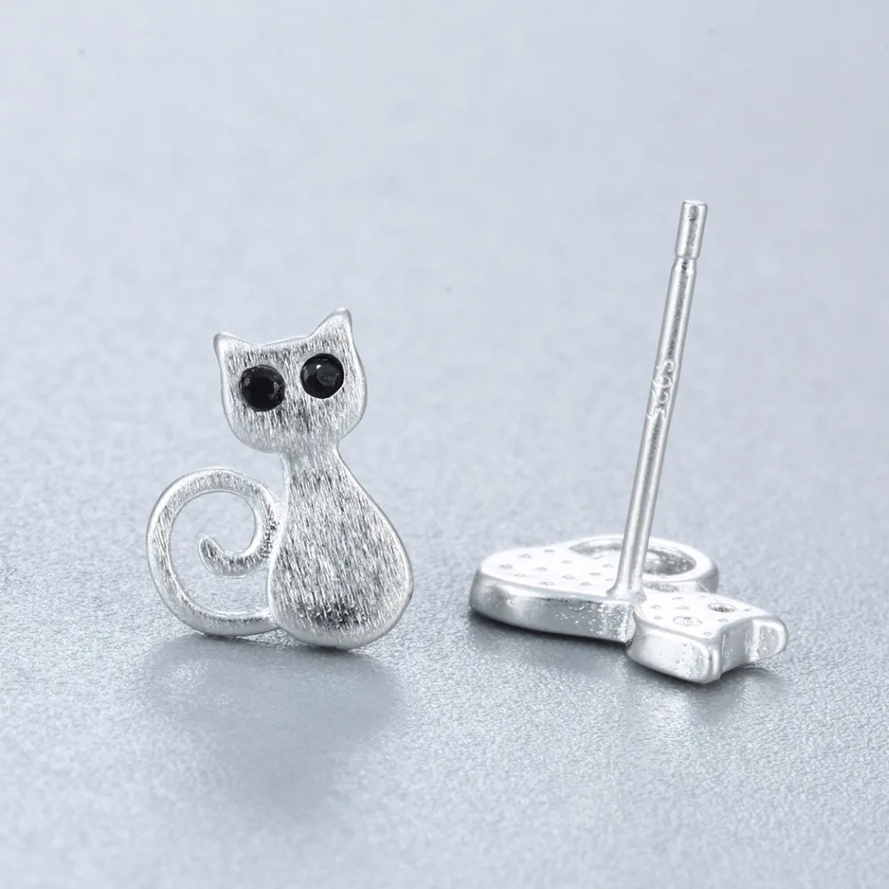 Kinitial Серебро 925 Симпатичные прекрасный кот серьги животного Kitty черный глаз Стад