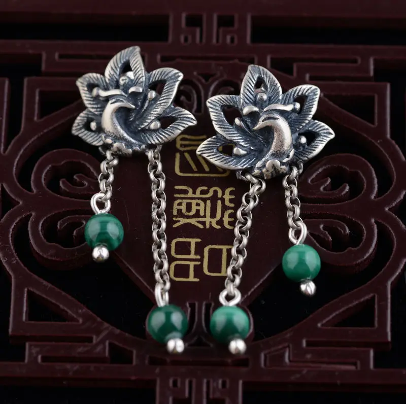 

KJJEAXCMY Boutique Jewelry Malachite Thailand 100% S925 Sterling Silver Stud Earrings Women's Retro Old Fashioned Gem