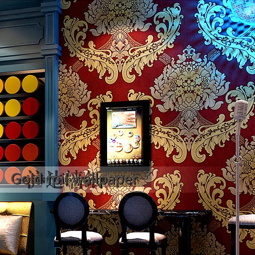 Роскошные обои из дамасской фольги с рисунком синего и красного цветов для