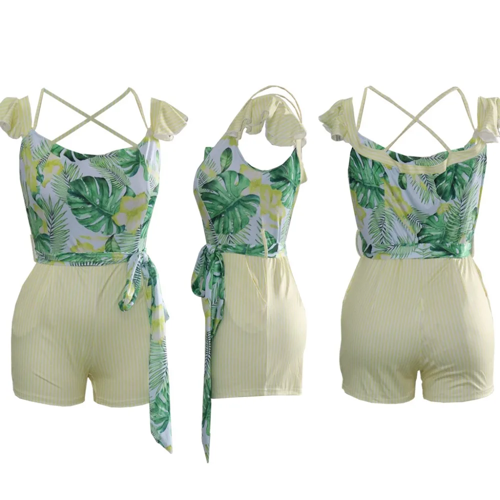 

Leaf Digital Print Women Fashion Strap Women Rompers Short Jumpsuits