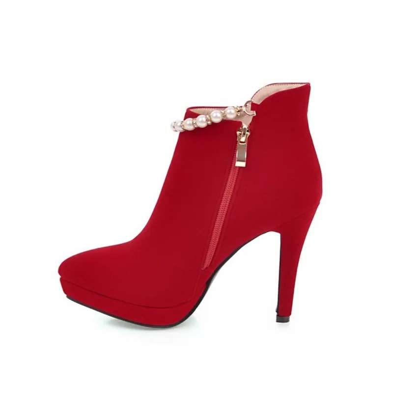 

Women Boots Autumn Winter Super High Heel Warm Pointed Toe Zip String Bead Ankle Chelsea 2018 Flock Sexy New Fashion Casual Shoe