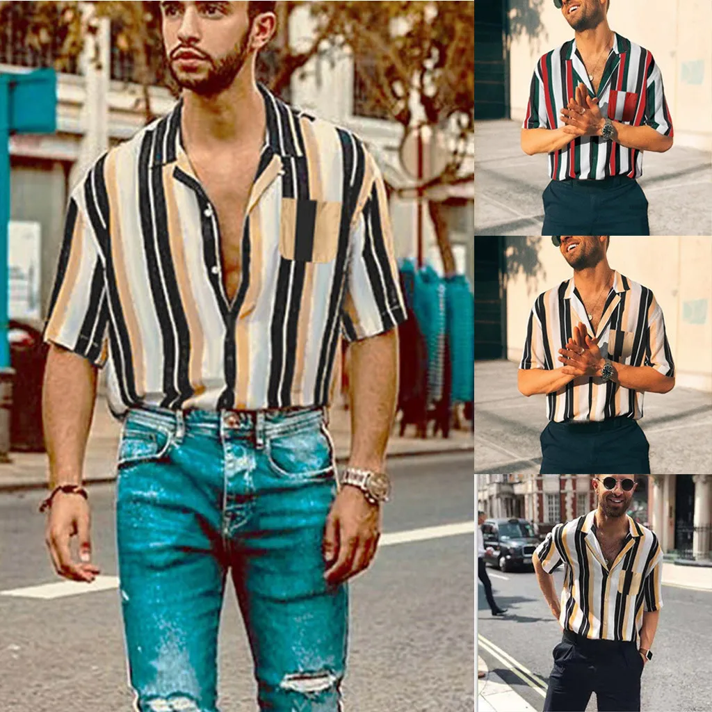 Мужская пляжная гавайская рубашка повседневная полосатая с коротким рукавом