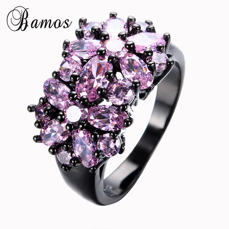 Pink Bamos красочные геометрические розовые/фиолетовые/красные/синие кольца с камнем рождения для женщин, Черное золото, заполненное AAA цирконием, звезда, аксессуары для пальцев - Цвет основного камня: Pink