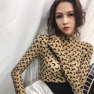 Хаки Harajuku Сексуальная Женская Базовая футболка с принтом Луны, длинный рукав, водолазка, Прозрачная черная футболка цвета хаки, готика, женские тонкие футболки, топы - Цвет: Хаки