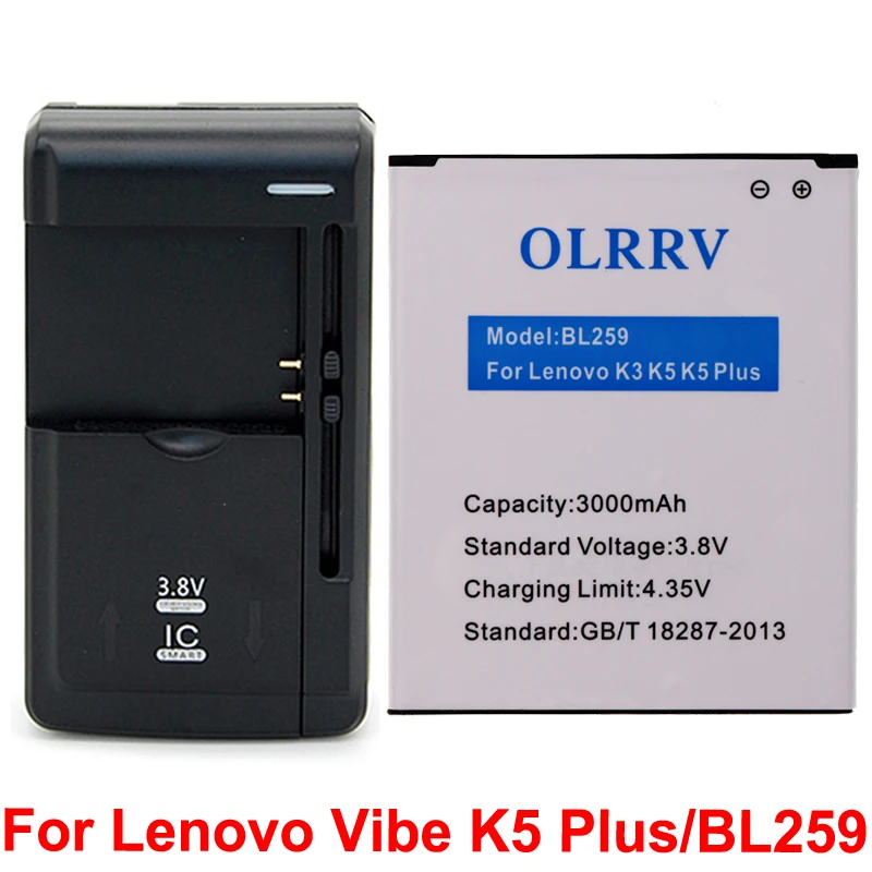 

Аккумулятор большой емкости BL259 для Lenovo Vibe K5 Plus Batterie Bateria Batterij K32C30 K32C36 3000 мАч + универсальное зарядное устройство