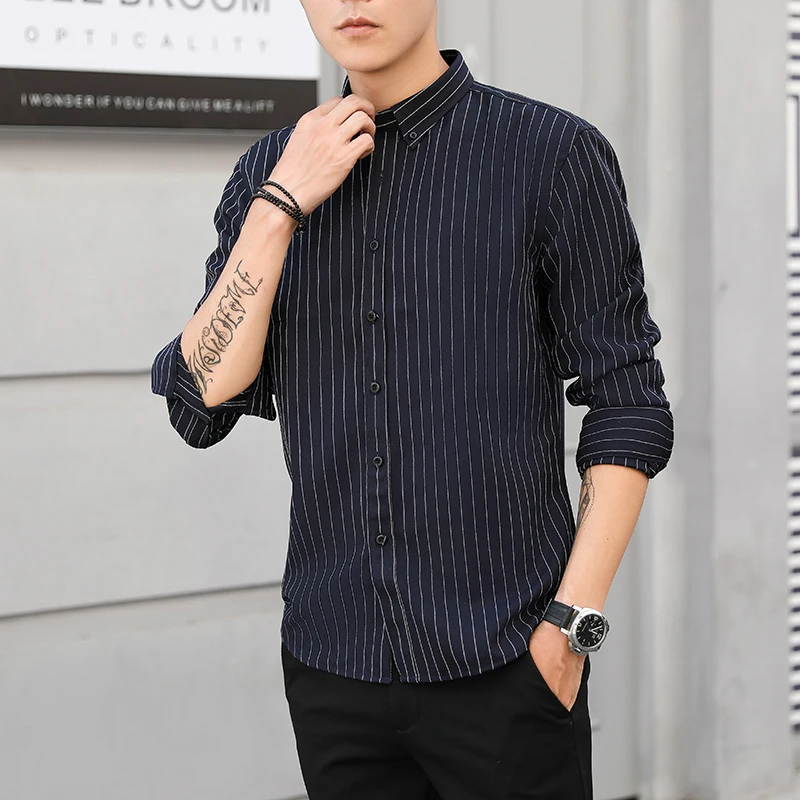 Мужская приталенная рубашка в полоску белая черная синяя серая Повседневная