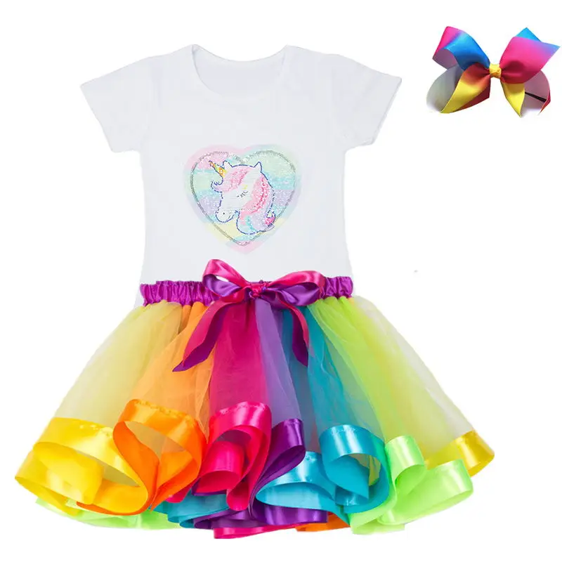 T-shirt And Skirt Летние комплекты одежды для девочек; модные детские футболки с принтом единорога и кружевные юбки для девочек; одежда с короткими рукавами для девочек - Цвет: T-shirt And Skirt