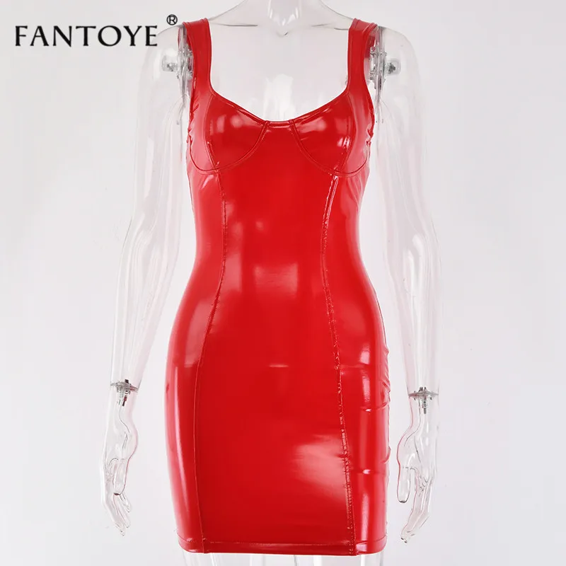 Red Fantoye/платье из искусственной кожи с открытой спиной без бретелек; женские весенние обтягивающие мини-платья на бретельках; вечерние короткие облегающие мини-платья Vestidos - Цвет: Red