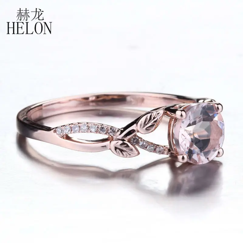 HELON 0.8ct морганит 6 мм Круглый Проложить 0.09ct натуральные бриллианты Перидот Gemtones обручальное женское кольцо Настоящее 10 к розовое золото