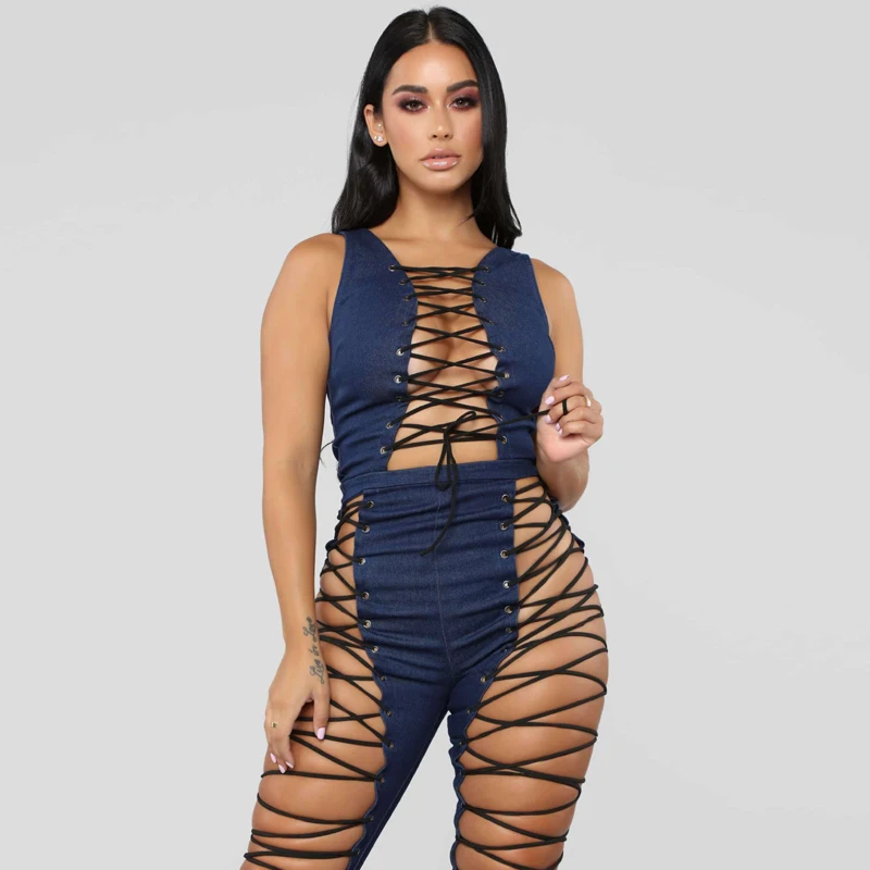 Женский сексуальный джинсовый комбинезон без рукавов открытая одежда для