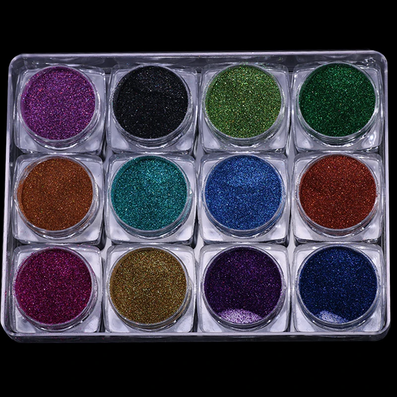 1 компл./12 банки 12 цвет Голографическая Блеск Лазерных Порошок Chrome Пигмент Лак Для
