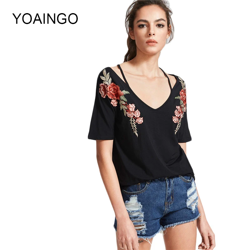2017 Новая мода тонкий вышивка футболка старинные Strappy женский черный роза патч