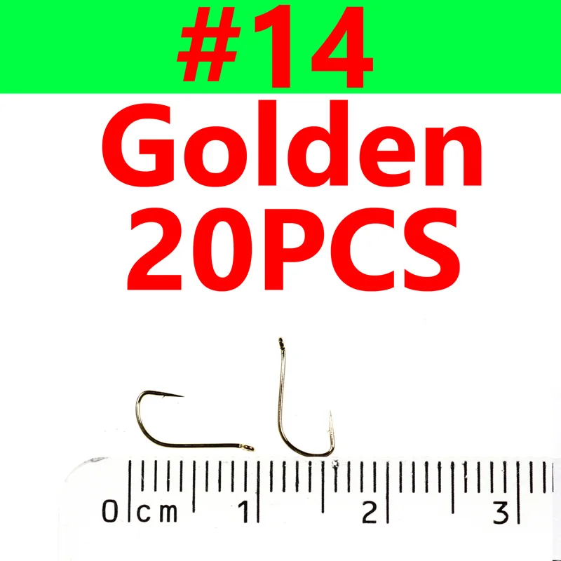 size 14 golden 20pcs 20 шт. тонкий проволочный сухой мухобойный крючок золотистого и красного цвета для завязывания мух с острым наконечником маленькие рыболовные крючки для привязывания мелкой форели - Цвет: size 14 golden 20pcs