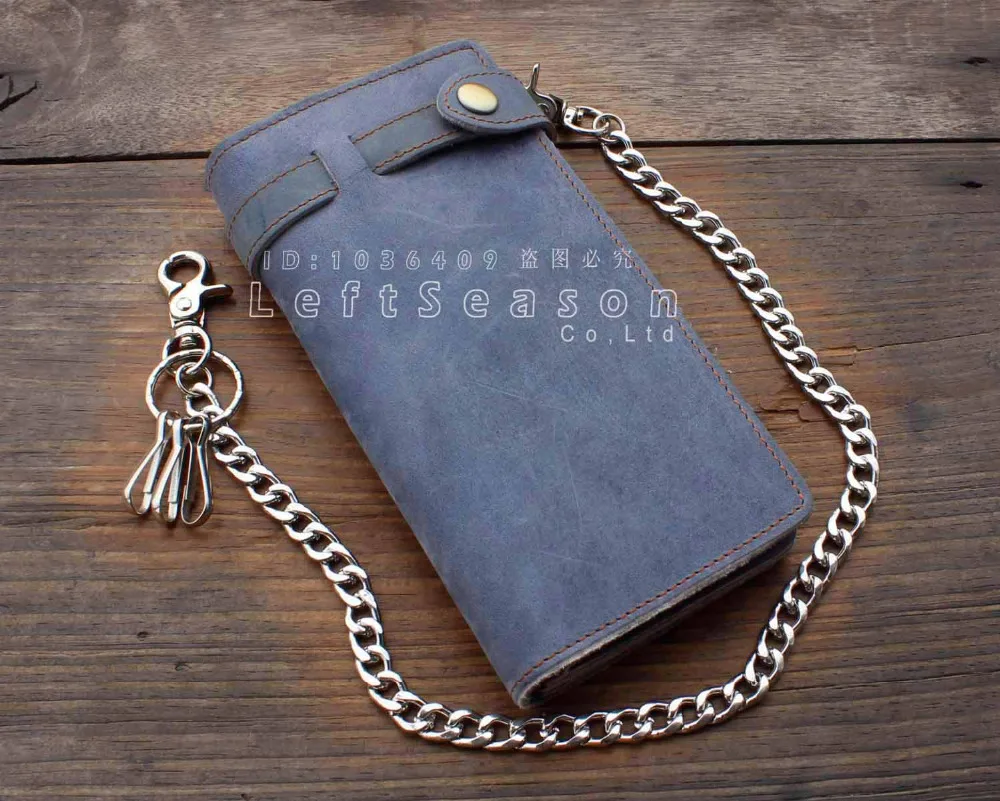 Men's Motorcycle punk Long Leather Wallet With a Heavy Metal Cuban key chain |