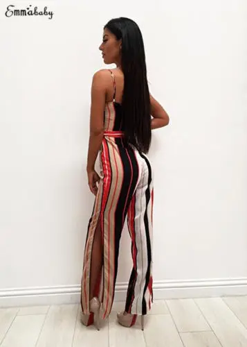 Сексуальный женский полосатый Свободный комбинезон с высокой талией и v-образным