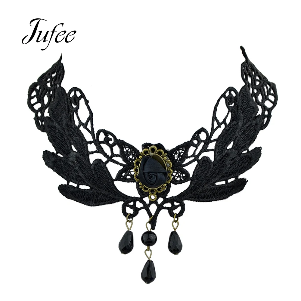 Jufee Statement Choker Gothic Black Hollow out Lace Necklace With Flower Shape Tattoos Beads For Women|necklace with|lace choker necklacechoker