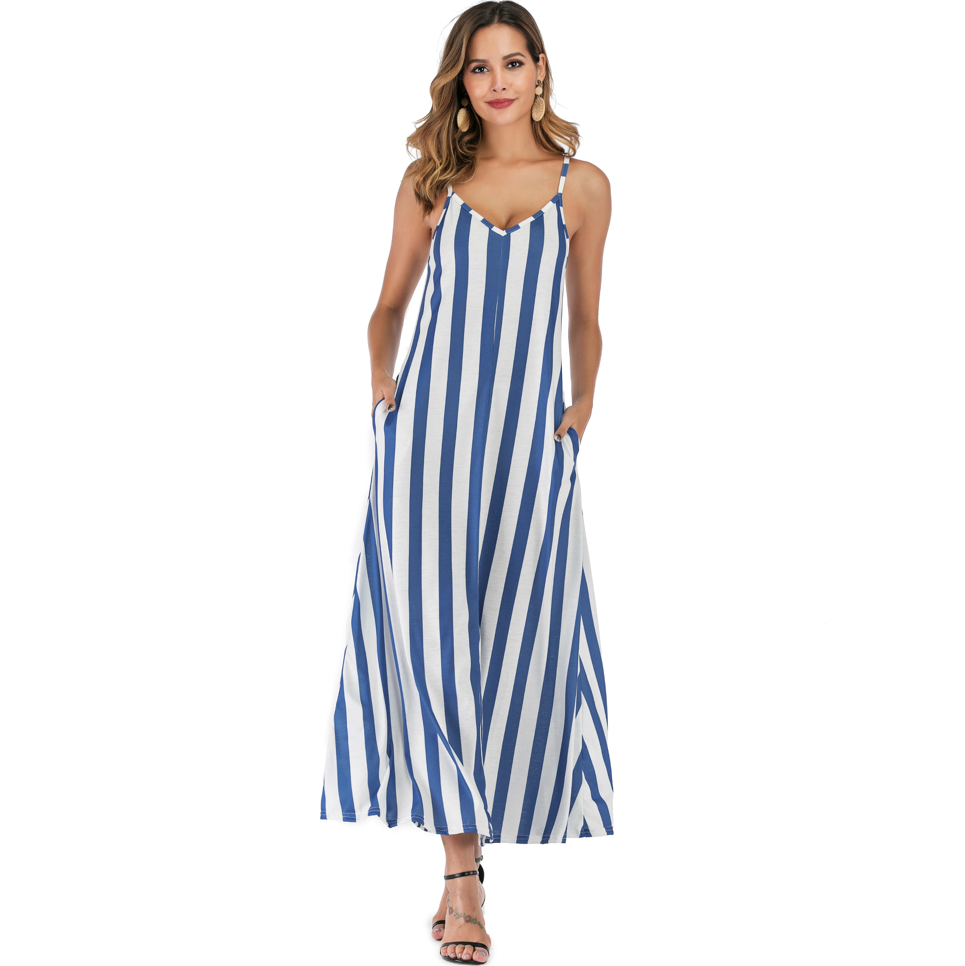 Платье женское в Вертикальную Полоску с V образным вырезом без рукавов|Женские