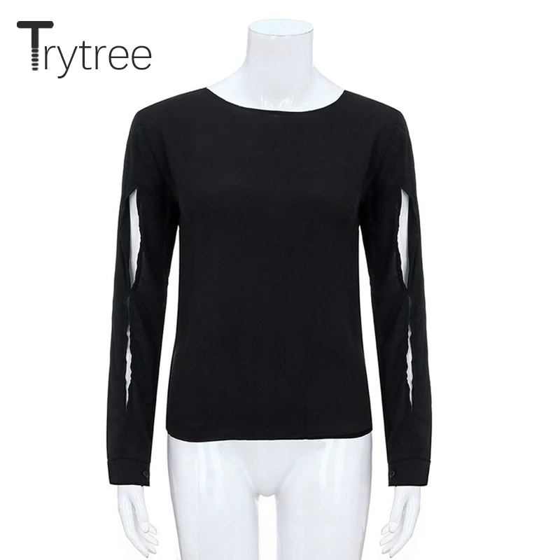 Trytree Summer Autumn Top Women Blouse Casual Shirt Solid Polyester O-Neck Tops Hollow Out Sleeves clothes Office Lady Shirts |